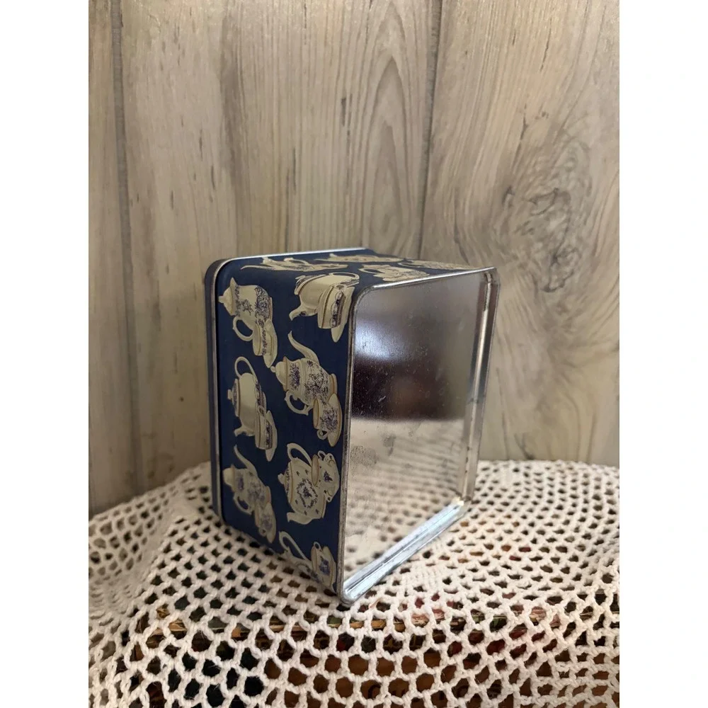 Vintage Tea Party Girl and Teddy Bear Decorative Metal Storage Tin Navy Blue